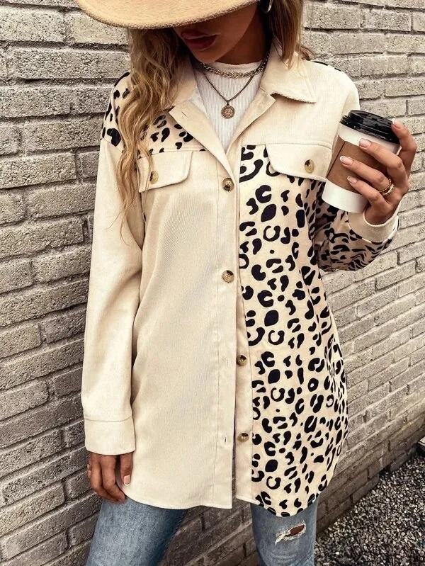 Women's Casual Leopard Patchwork Corduroy Shacket Long Sleeve Lapel Single Breasted Mid Length Jacket Coat Outerwear Pocket Top