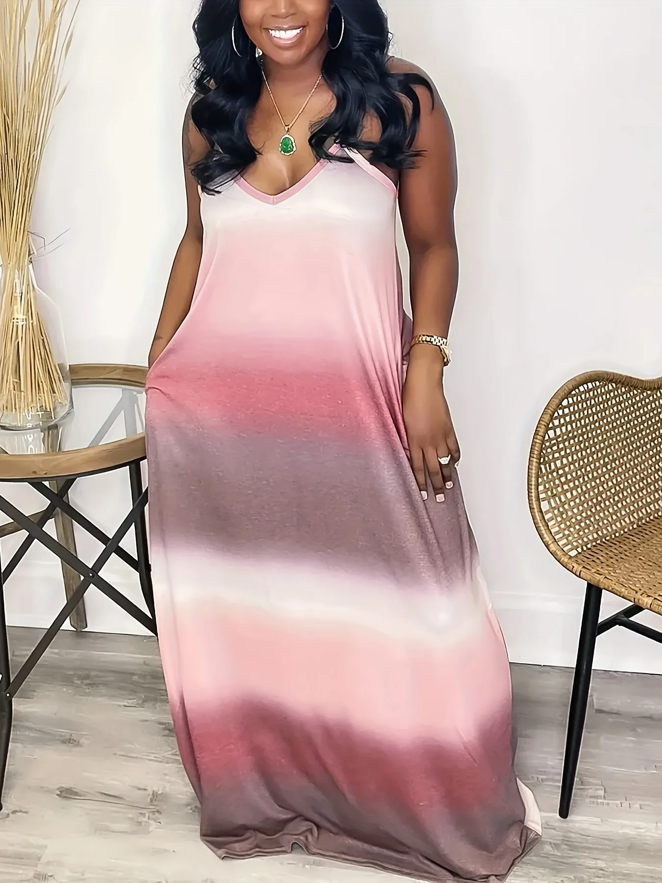 Women Plus Size Gradient V Neck Strap Maxi Dress With Pockets Casual Summer Sleeveless Pink Ombre Elegant Party Long Dress