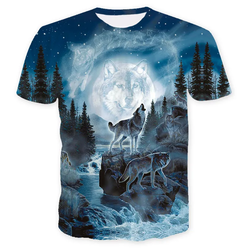 Men Wolf Print T-Shirt Round Neck Short Sleeve Streetwear Casual Polyester Top Wolf Moon Forest Patterned Shirt