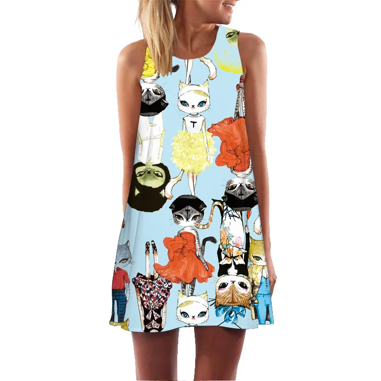 Women Casual Sleeveless Midi Dress Cute Cat Illustration Digital Print Round Neck A-Line Summer Fashion Vest Dress
