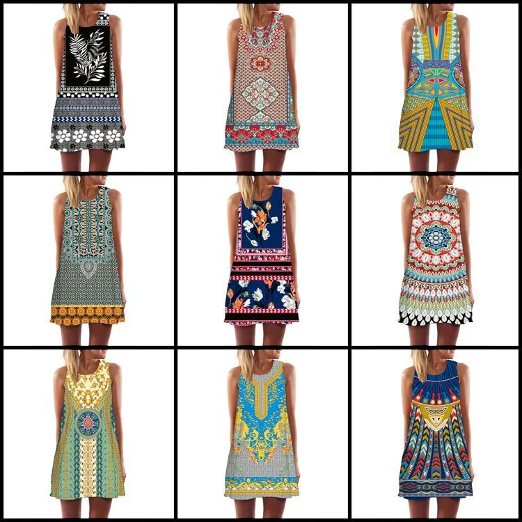 Vestito Midi Smanicato Bohemian Vintage da Donna Girocollo Stampa Digitale Etnico Linea a A Estate Vacanza Mare