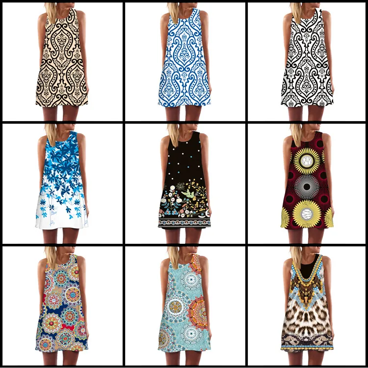 Vestito Midi da Donna Senza Maniche con Girocollo Linea ad A Stampa Digitale Estate Casual Boho Paisley Mandala