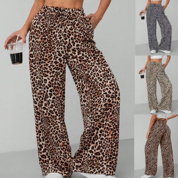 Women Fashion Leopard Print Wide Leg Pants High Waist Drawstring Loose Straight Long Trousers With Pockets Casual Streetwear