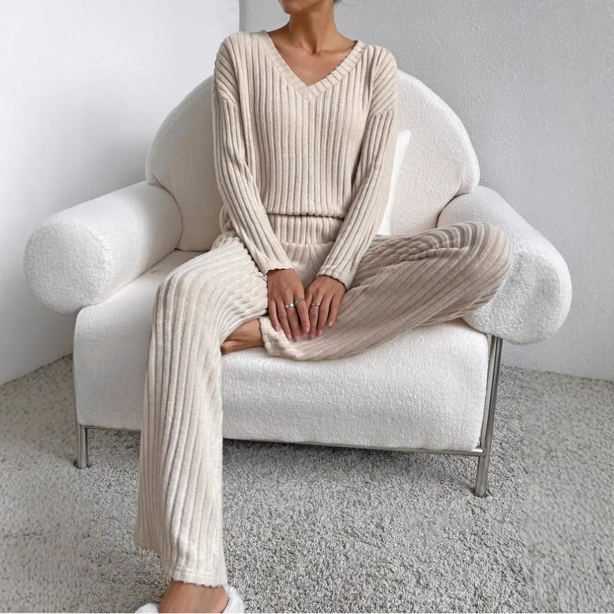 Women Top And Bottom Ribbed Knit V-Neck Long Sleeve Pullover And Wide Leg Pants Casual Lounge Homewear Elegant Suit