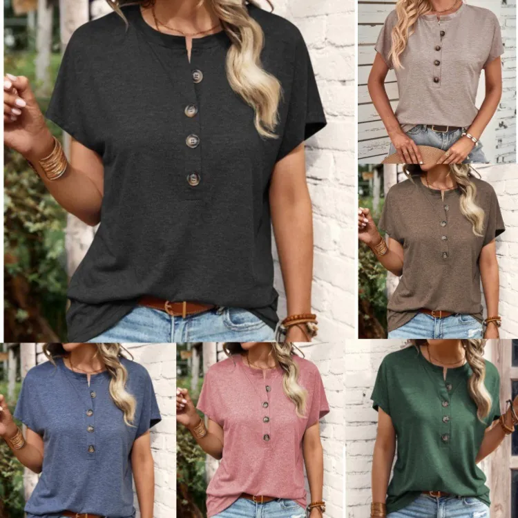 Women's Casual Henley V Neck Short Sleeve T-Shirt Loose Fit Button Up Solid Color Summer Top Knit Basic Tee
