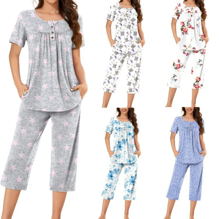 Ensemble de Détente Imprimé pour Femmes Top And Bottom Haut à Manches Courtes Col Boutonné et Pantalon Court