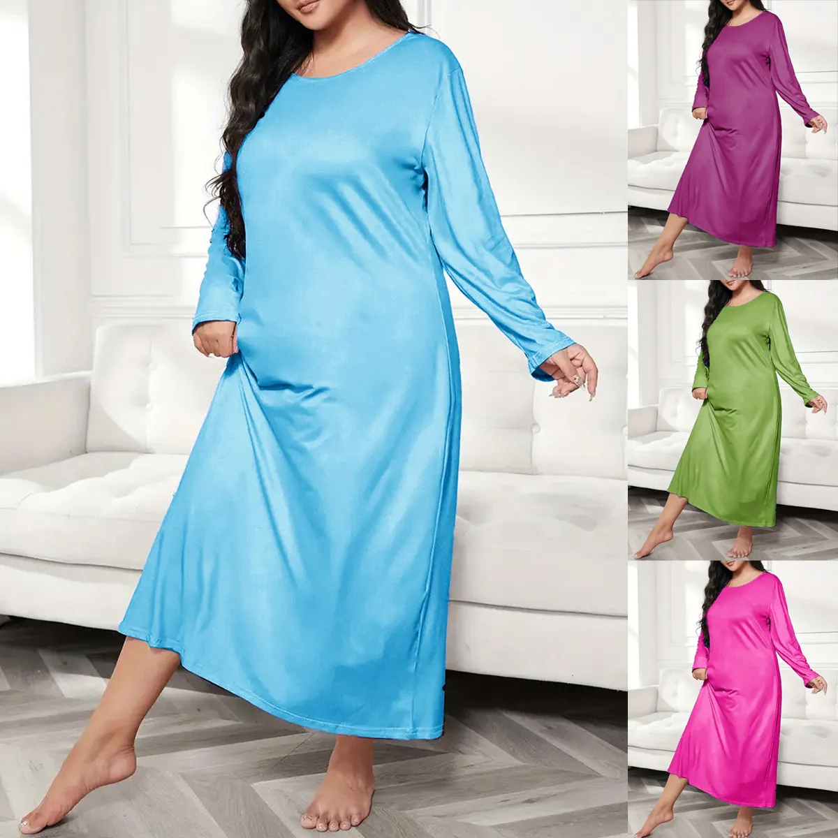 Plus Size Women Solid Color Long Sleeve Maxi Nightgown Round Neck Loose Loungewear Sleepwear Dress Soft Satin Feel Robe