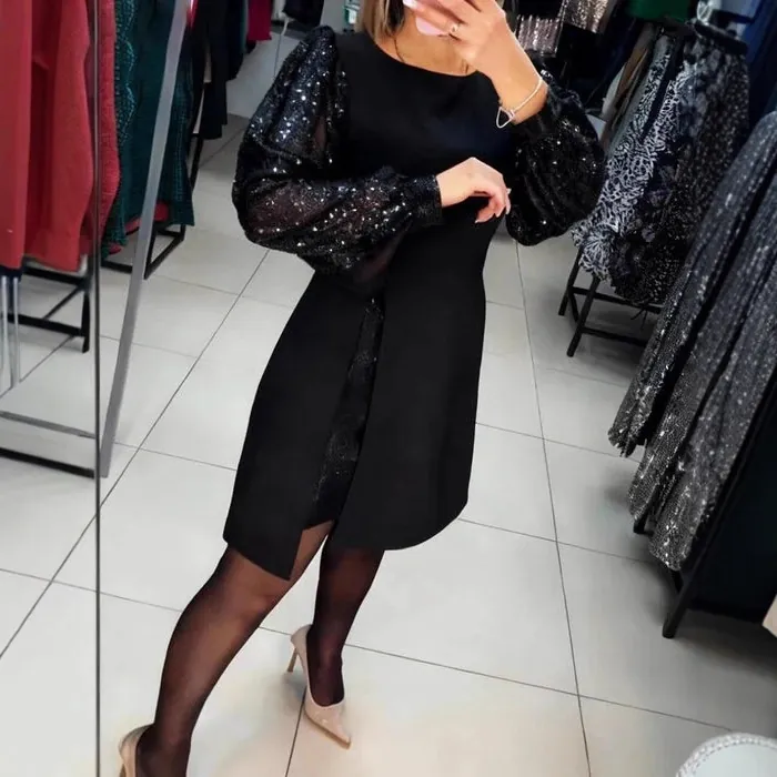 Women's Elegant Sequin Patchwork Puff Lantern Sleeve Mini Dress Slim Fit Round Neck Mesh lantern Sleeve Party Clubwear Dresses