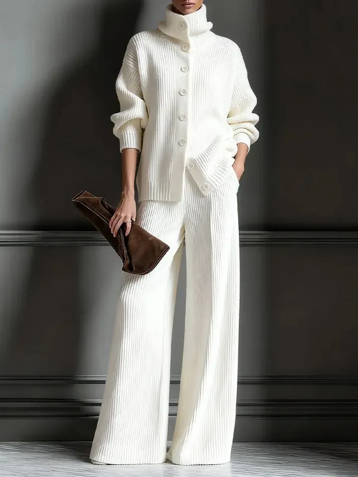 Damen Strick Top Und Bottom Einfarbig Gerippter Cardigan Und Weite Hose Für Herbst Winter Lässig Elegant Pendeln Outfit
