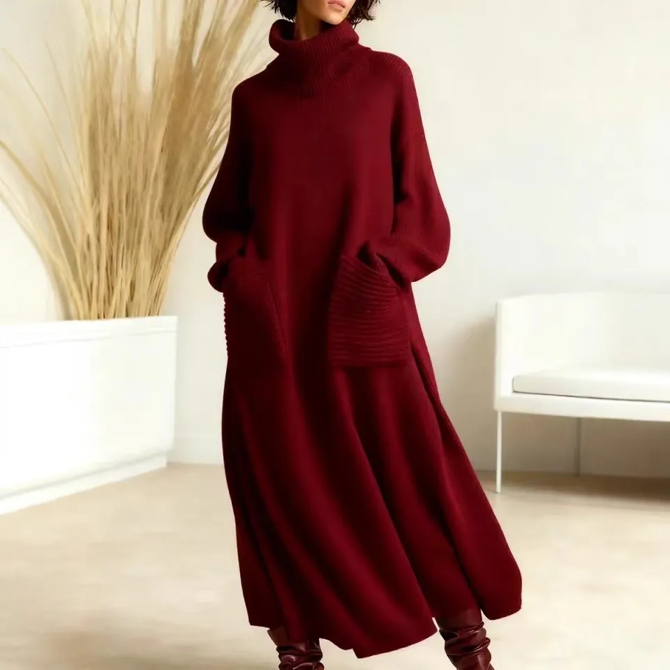 Damen Oversized Rollkragen Strick Maxi Kleid Casual Einfarbig Langarm Pullover Strickkleid Mit Großen Taschen