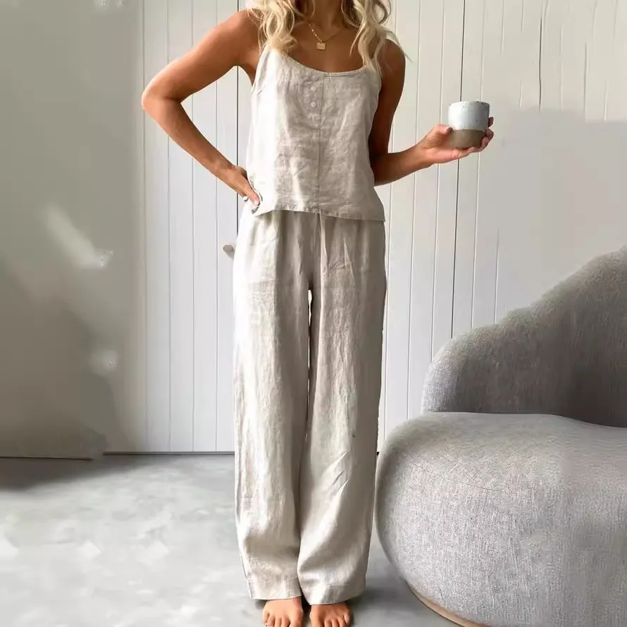 Damen Top Und Bottom Baumwolle Leinen Zweiteiliges Set Knopfdekor Cami Top Weites Bein Hose Sommer Strandurlaub Outfit