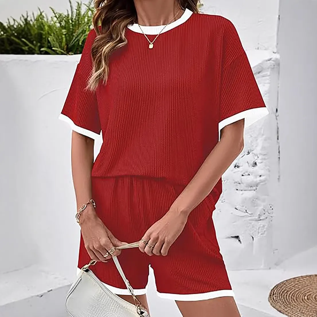 Damen Casual Gerippter Gestreifter Trainingsanzug Kurzarm Top Und Shorts Stilvoll Sportlich Kontrastbesatz Sommer Home Loungewear Outfit