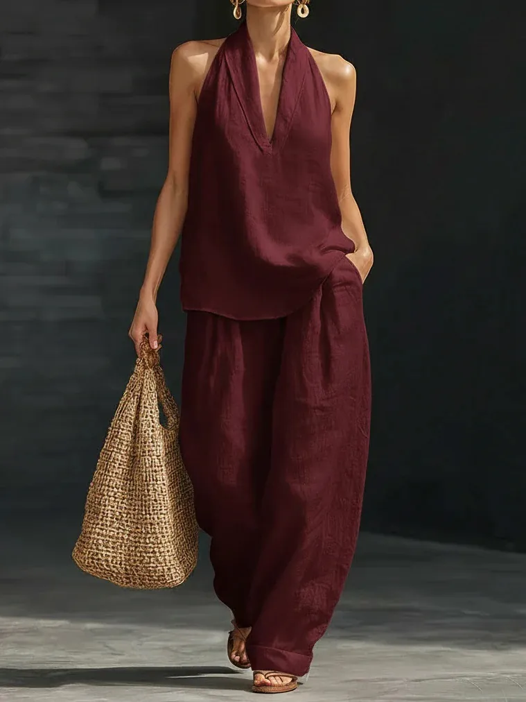 Completo Donna Top Allacciato al Collo Senza Maniche Scollo a V E Pantaloni a Gamba Larga Look Cotone Lino