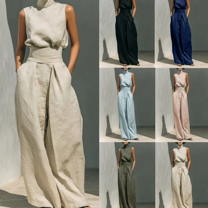 Women's Sleeveless High Neck Top And Wide Leg Pants Set Solid Color Elegant Casual Polyester Summer Top And Bottom Outfit