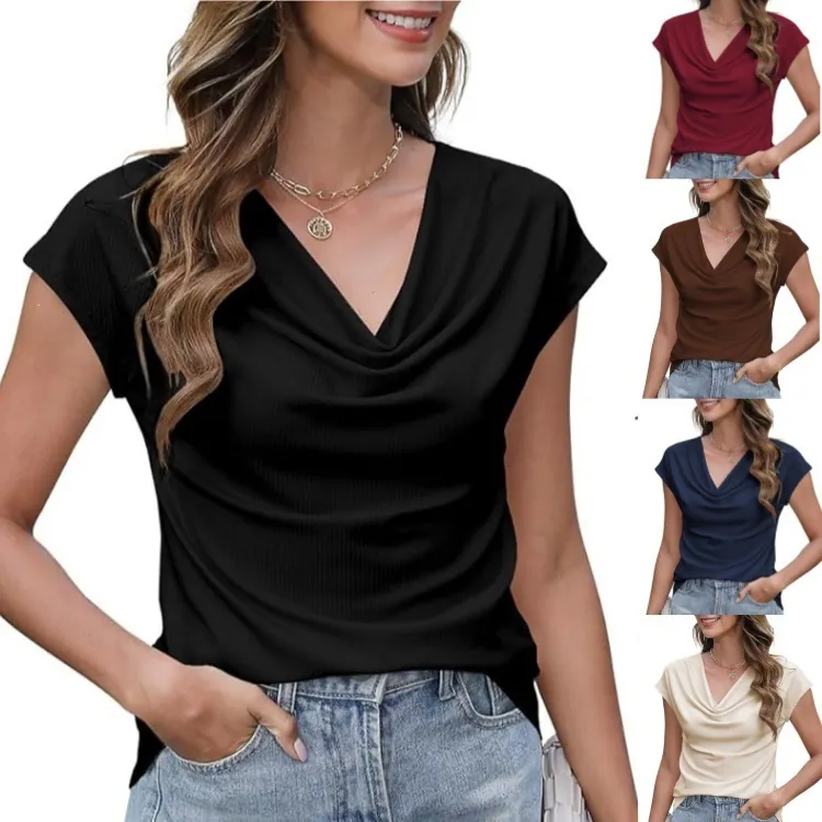 Women's Casual Cowl Neck T-Shirt Short Sleeve Ribbed Knit Solid Color Fashion Elegant Stretchy Summer Pullover Tops