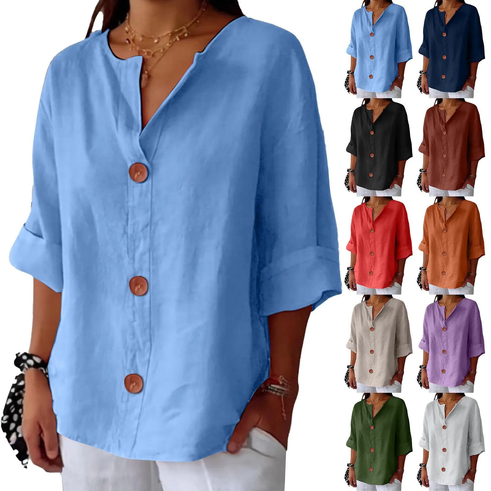 Women's Casual Cotton Linen V-Neck Top Loose Mid-Sleeve Solid Color Button Down T-Shirt Blouse Plus Size Summer Fashion