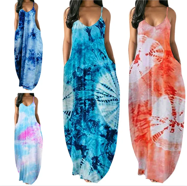 Damen V-Ausschnitt Batik Spaghettiträger Maxikleid Ärmellos Locker A-Linie Langes Kleid Mit Taschen Boho Sommer Strandkleid