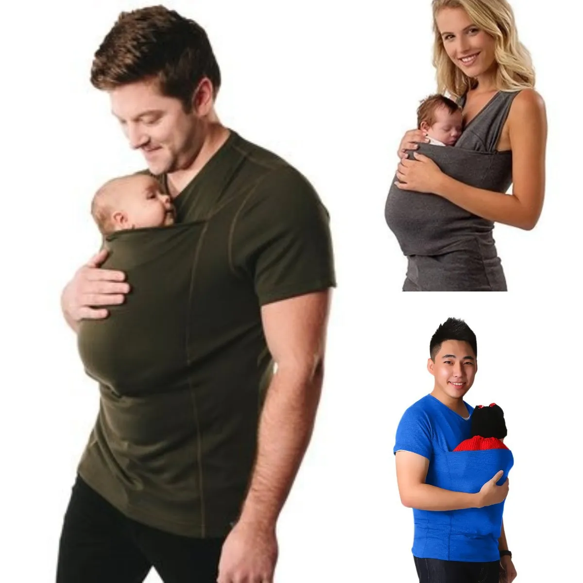 Multi-Functional Kangaroo Pocket Baby Carrier T-Shirt Cotton Blend Skin-To-Skin Bonding Top For Mother Father Parents Casual Wear