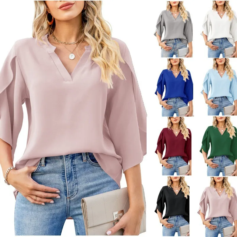 Women Elegant V Neck Chiffon Blouse Flutter Petal Sleeve Loose Plain Shirt Top For Office Daily Casual Wear Fashion Ladies