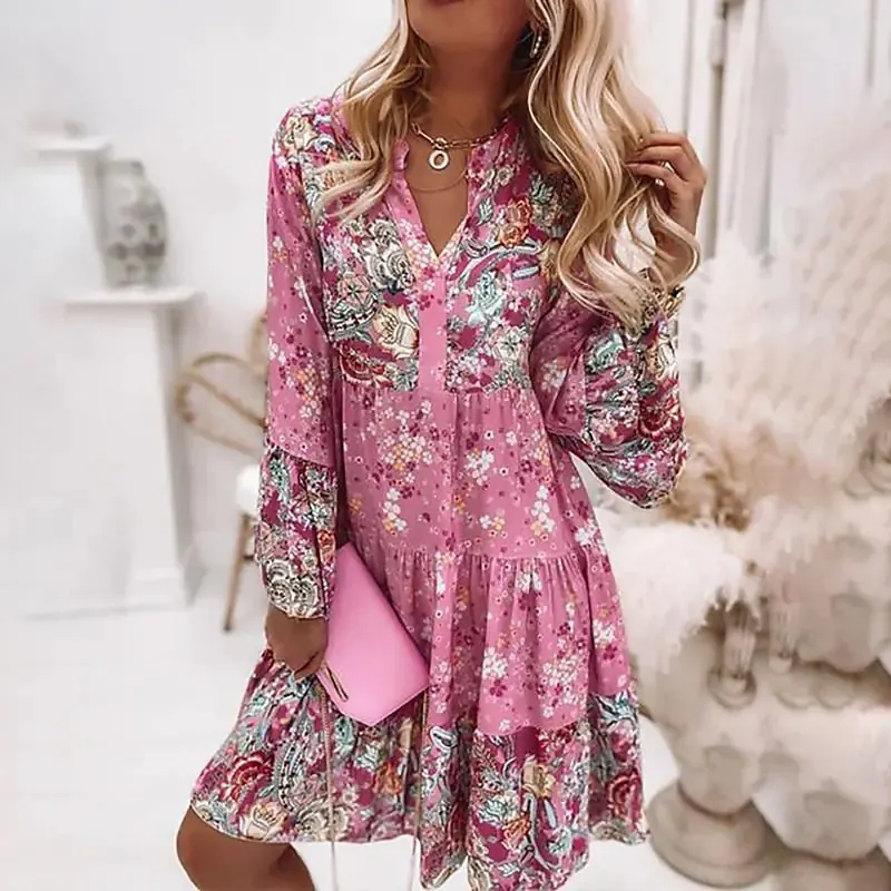 Robe Bohème à Étages avec Col en V et Imprimé Floral pour Femmes Manches Évasées Imprimé Cachemire Mousseline Volants Décontractée