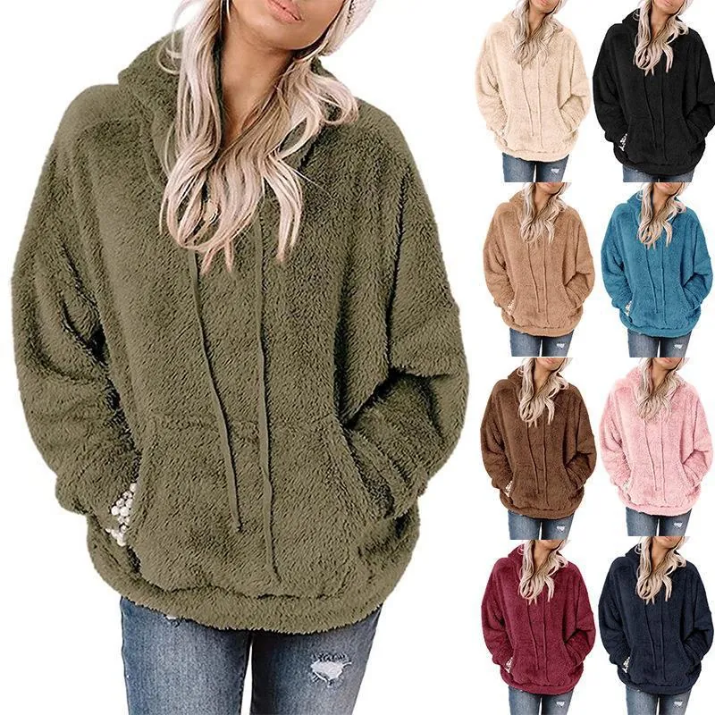 Women Casual Loose Plush Hoodie Long Sleeve Sherpa Fleece Pullover With Pocket Solid Color Warm Autumn Winter Sweatshirt