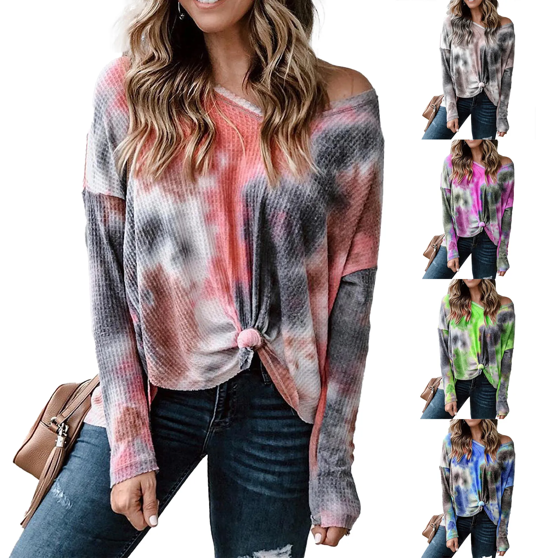 Women Casual Tie Dye Waffle Knit Long Sleeve V Neck Top Off Shoulder Knot Hem Loose Pullover Streetwear Sweatshirt Fashion