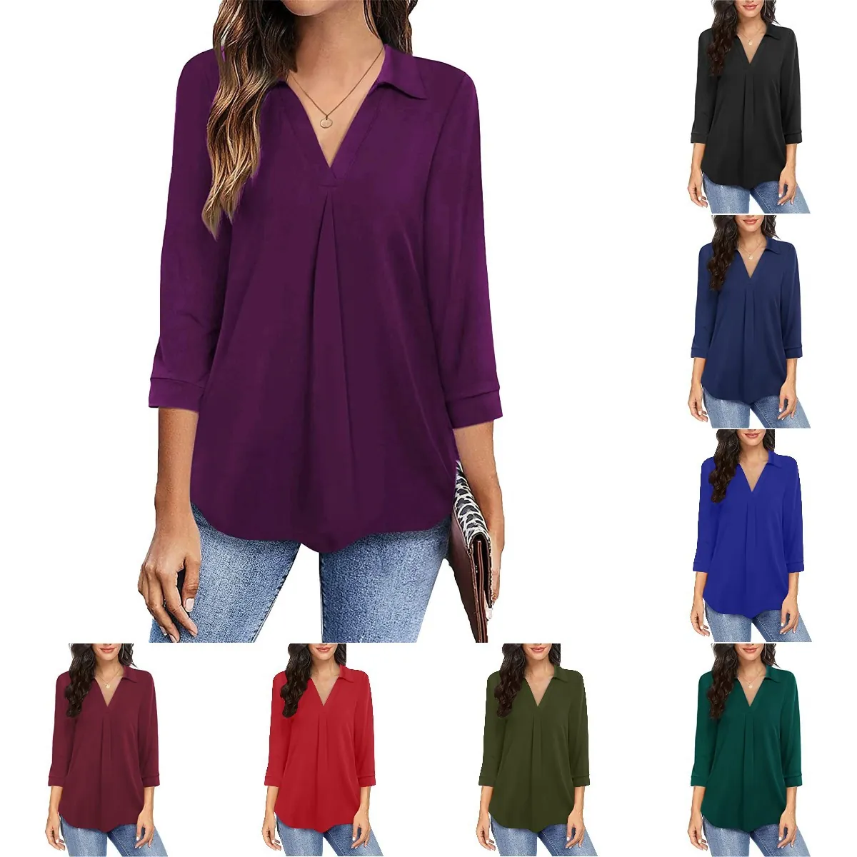 Blusa Elegante de Gasa para Mujer Cuello en V Manga Tres Cuartos Plisada Color Sólido Top Holgado Camisa Casual para Oficina