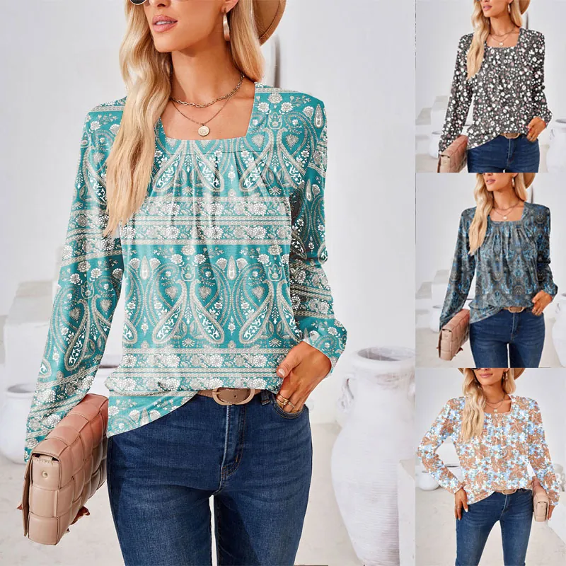 Camiseta de Manga Larga con Estampado Floral Paisley Informal para Mujer Cuello Cuadrado Fruncido Top Pullover Estilo Bohemio para Otoño Invierno
