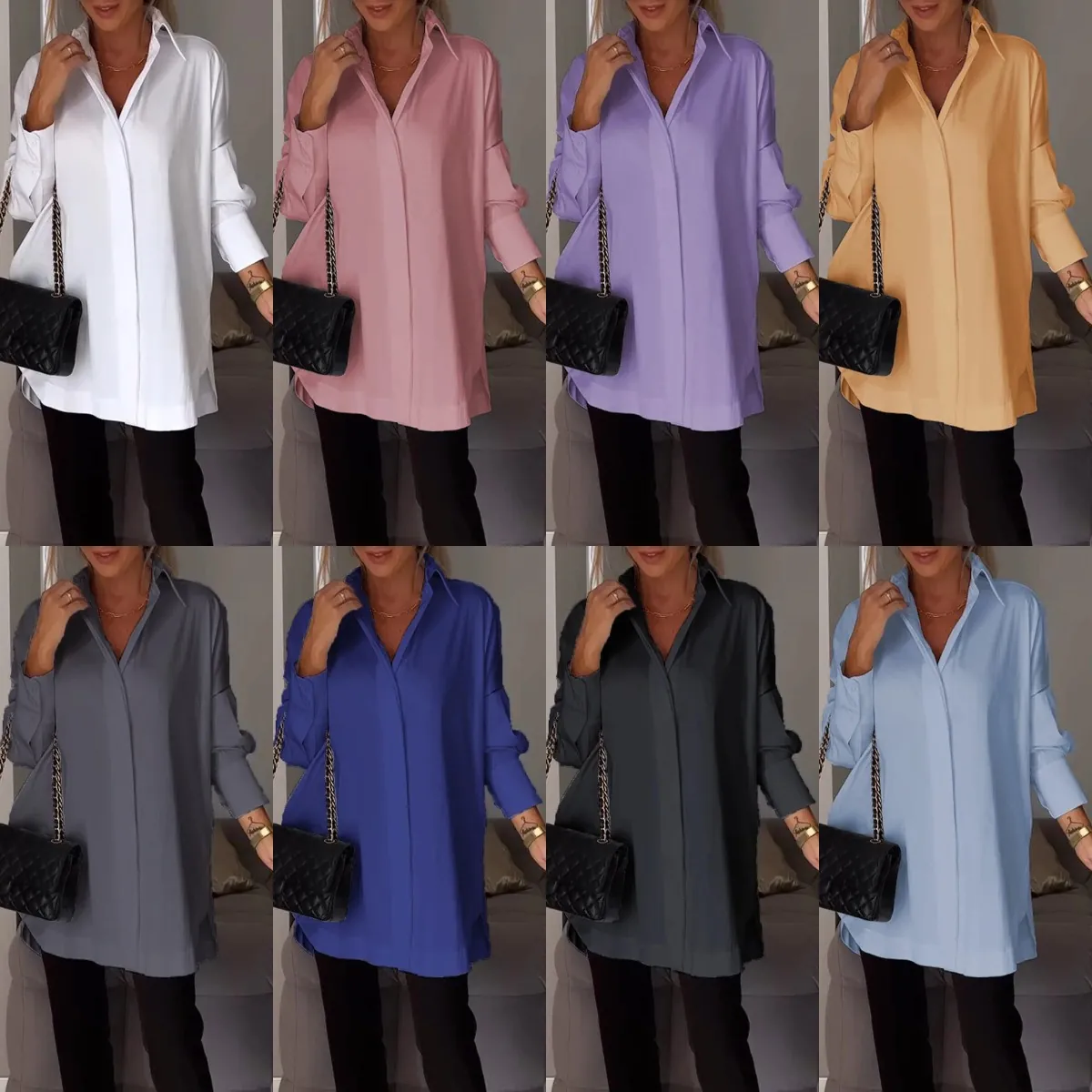 Women Elegant Solid Color Lapel Long Sleeve Polyester Blouse Oversized Pullover Shirt Casual Office Tops For Lady