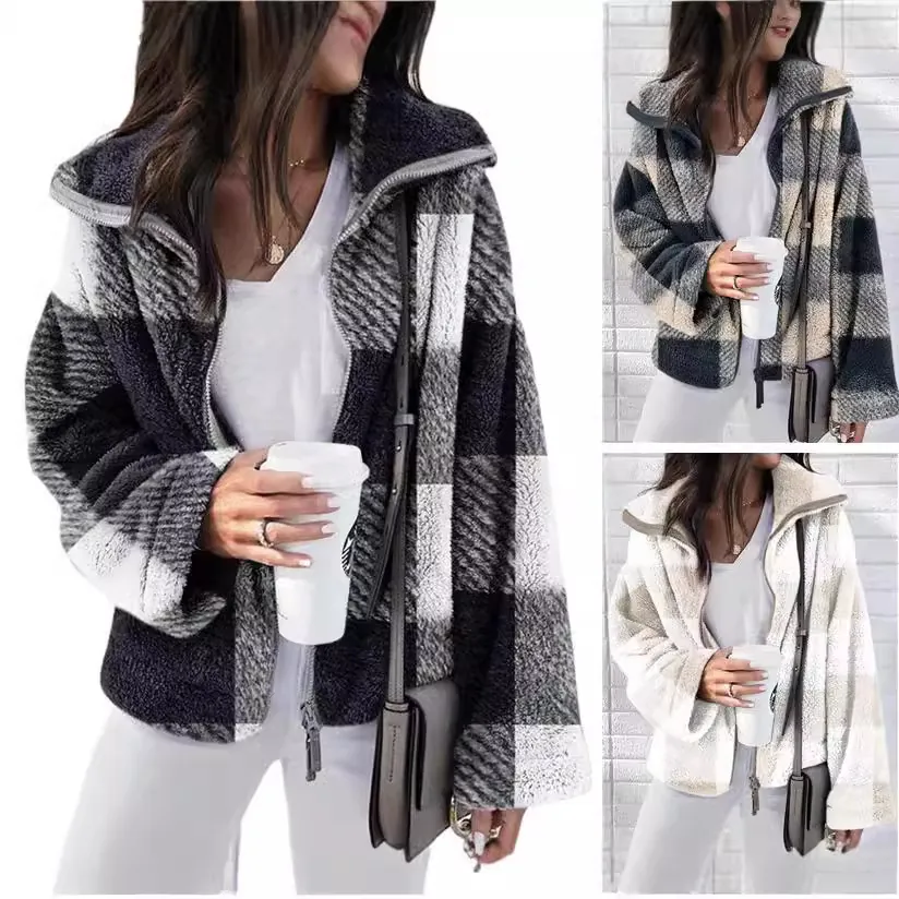 Veste Décontractée en Polaire Sherpa à Carreaux pour Femmes Manches Longues Fermeture Éclair Revers Oversized Manteau Teddy Chaud Automne Hiver Outwear Grande Taille