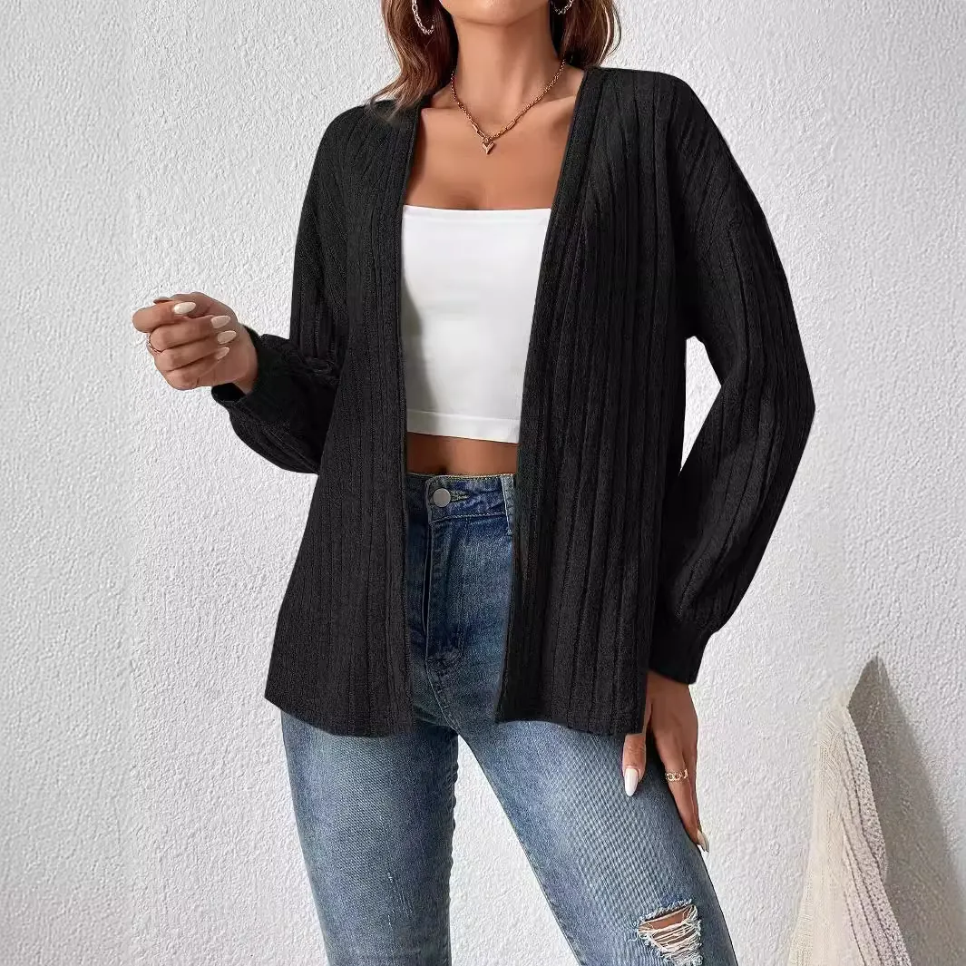 Cardigan Décontracté en Maille Côtelée pour Femmes Coupe Large Ouvert sur le Devant Manches Longues Couleur Unie Veste