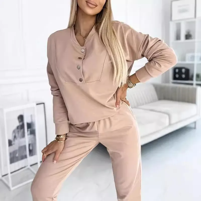 Women Casual Henley Neck Button Up Long Sleeve Top And Matching Long Pants Solid Color Polyester Loungewear Jogger Outfit