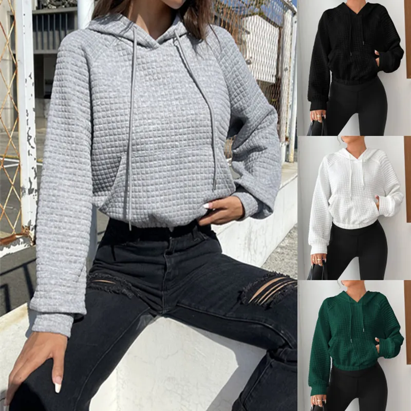 Women Casual Waffle Texture Hooded Sweatshirt Loose Pullover Long Sleeve Hoodie With Pocket Drawstring Streetwear Fashion Top