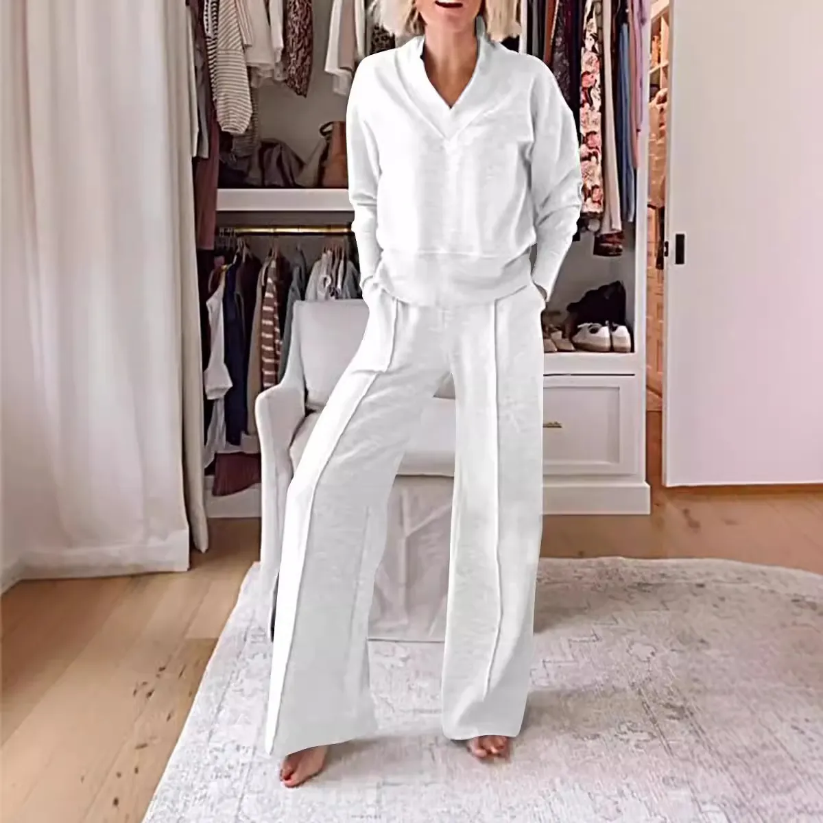 Women V-Neck Long Sleeve Top And Wide Leg Pants Two-Piece Set Casual Loose Solid Color Knitted Loungewear Outfit