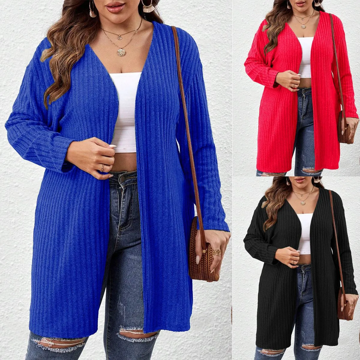 Cardigan da Donna Taglie Forti a Maniche Lunghe Aperto sul Davanti in Maglia a Coste Casual Tinta Unita Lunghezza Media Maglione Cappotto Capospalla Larga