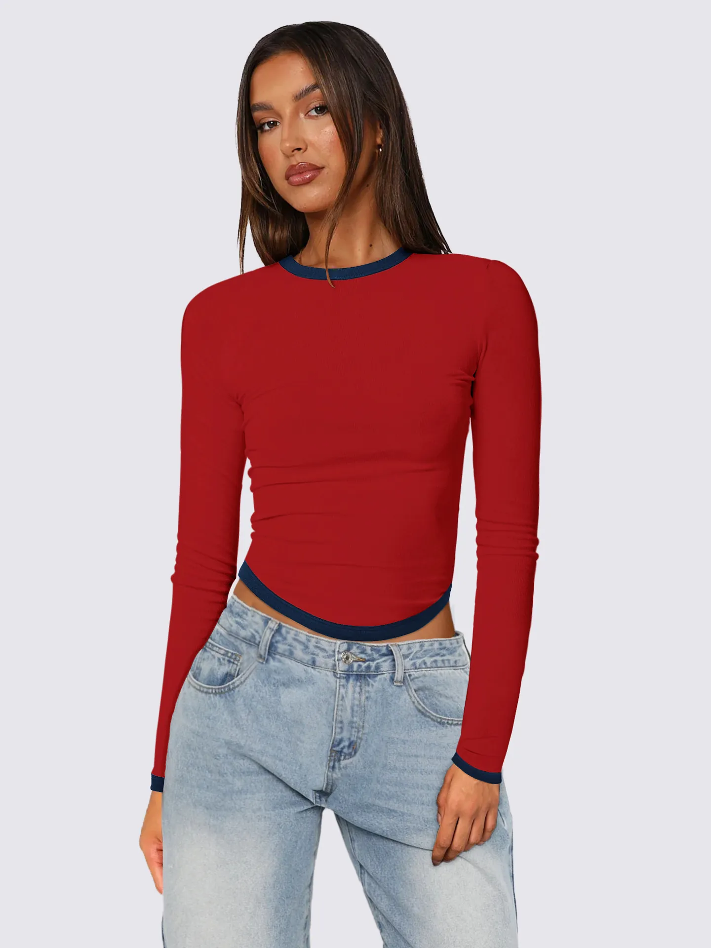 T-Shirt Manches Longues En Maille Côtelée Pour Femmes Col Rond Bordure Contrastée Ourlet Incurvé Coupe Ajustée