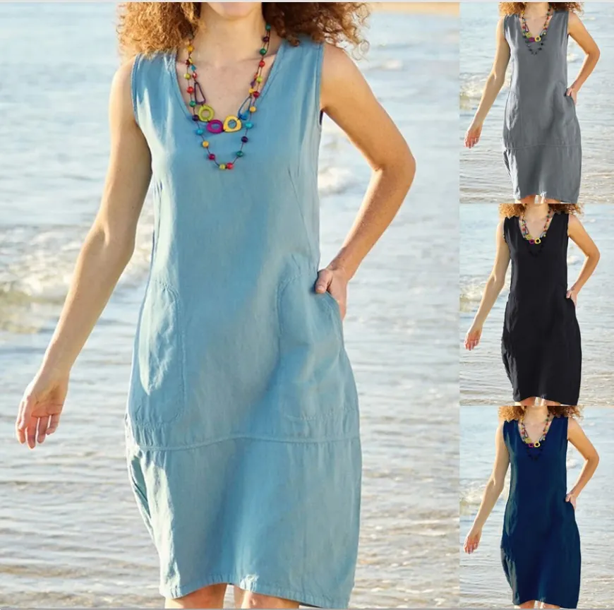 Robe Midi Élégante sans Manches pour Femme avec Col en V et Poches Décontractée Robe d'Été en Coton Lin Look
