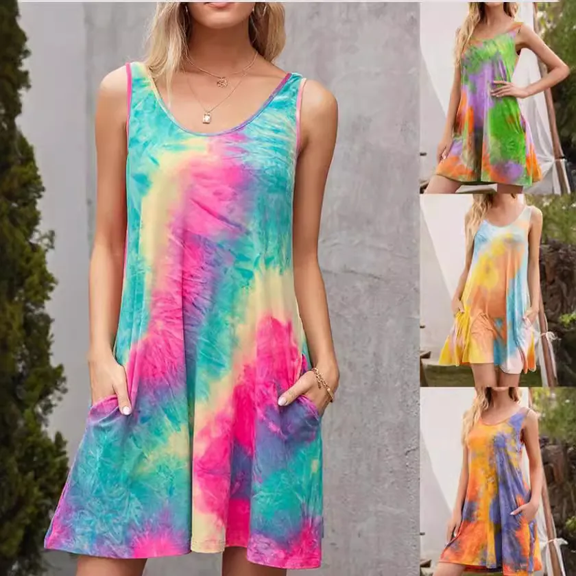 Summer Women Casual Tie Dye Sleeveless Tank Dress With Pockets Round Neck Bohemian Style Mini Vacation Beach Dress