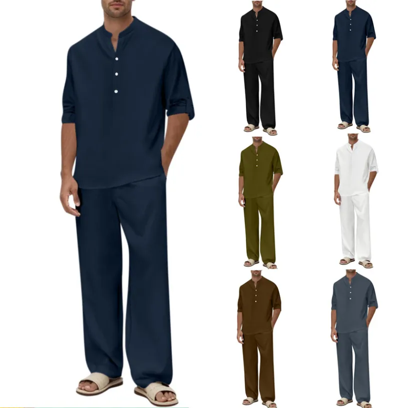 Tenues Hommes Décontractées Aspect Coton Lin Chemise Manches Longues et Pantalon Col Henley Couleur Unie Respirant