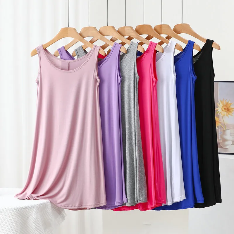 Women Casual Modal Sleeveless Midi Dress Round Neck Loose A-Line Backless Vest Dress Home Sleepwear Soft Breathable Wear