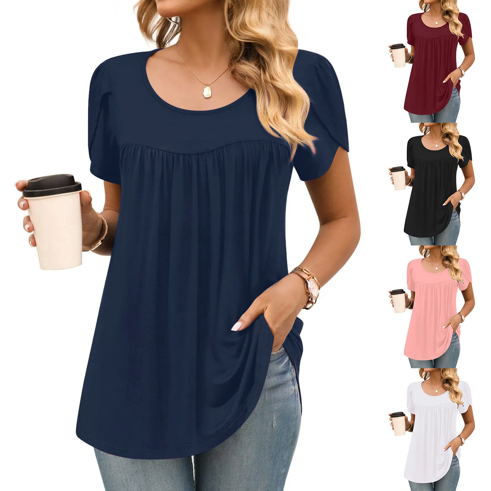 Women Casual Round Neck Pleated Front T-Shirt Petal Sleeve Solid Color Loose Fit Tunic Top Soft Polyester Daily Basic Top