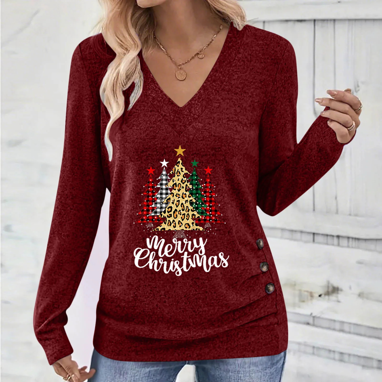 Women's Elegant Christmas Tree Merry Christmas Print Long Sleeve V Neck T-Shirt Button Detail Ruched Knit Pullover Top