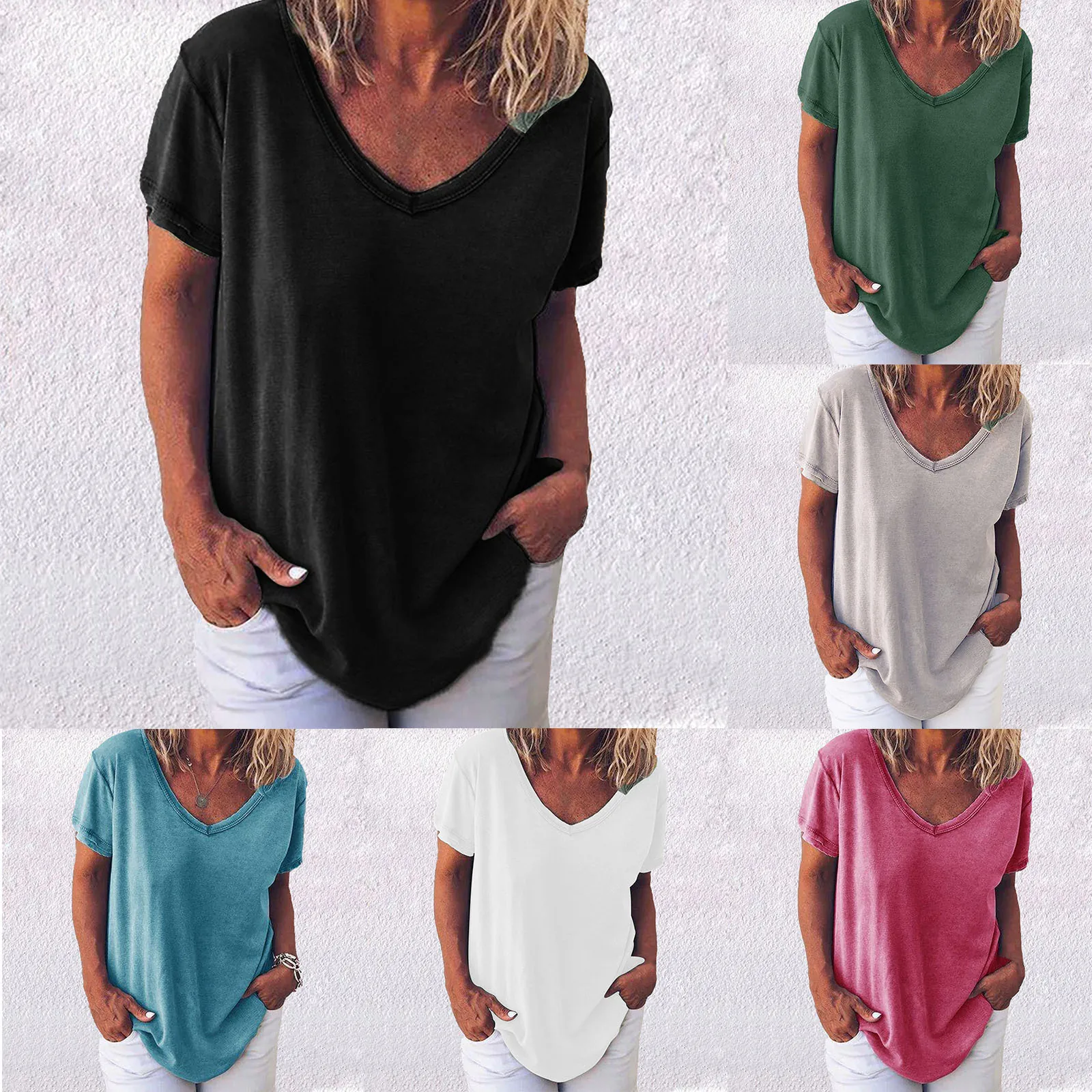 Women Casual Loose V-Neck Short Sleeve T-Shirt Solid Color Polyester Summer Top Basic Daily Streetwear Tee