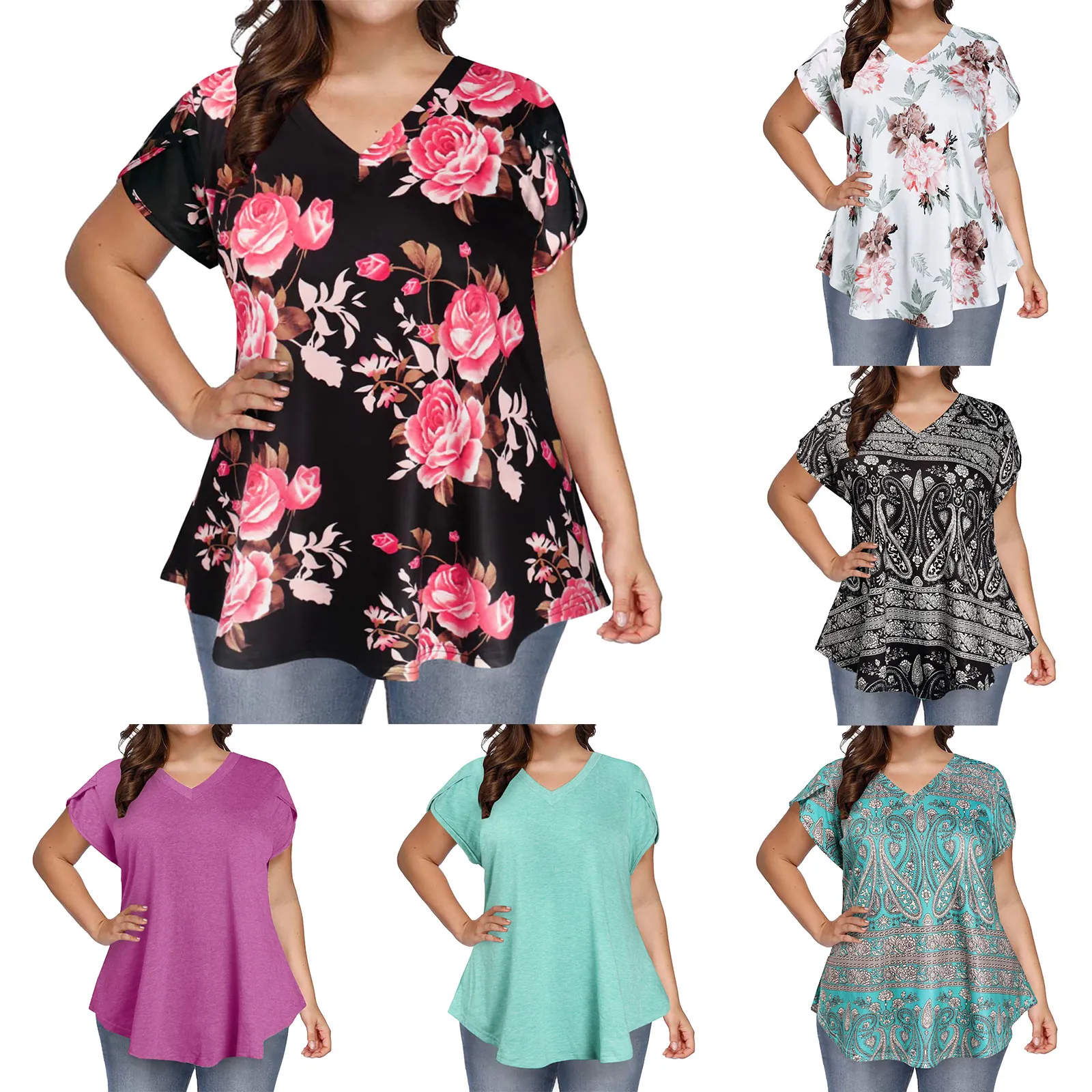 Women Plus Size V Neck Floral Print Short Sleeve T-Shirt Casual Loose Fit Paisley Boho Top Plus Size Summer Tunic Top