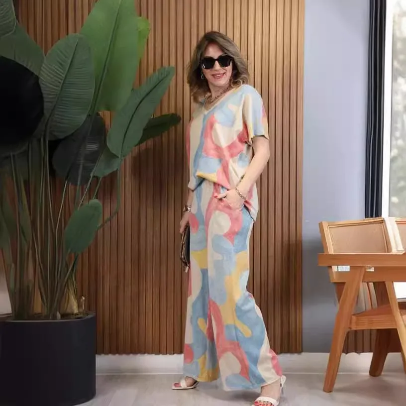 Women Casual Two Piece Set V Neck Short Sleeve Top And Wide Leg Pants Abstract Print Loose Summer Fashion Outfits For Lady