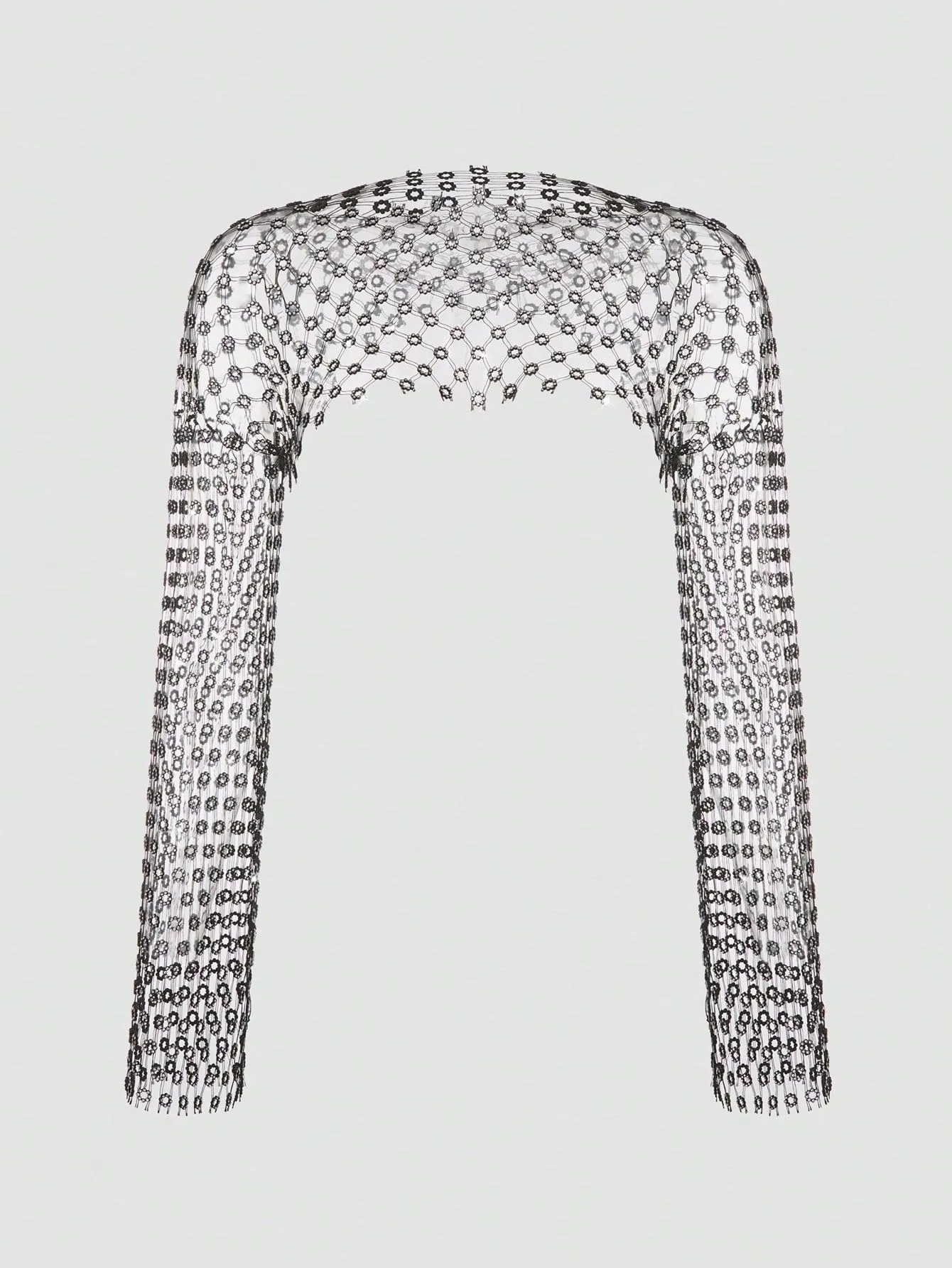 Sexy Black Mesh Rhinestone Floral Long Sleeve Shrug For Women Music Festival Clubwear Hollow Out Crop Top Bolero