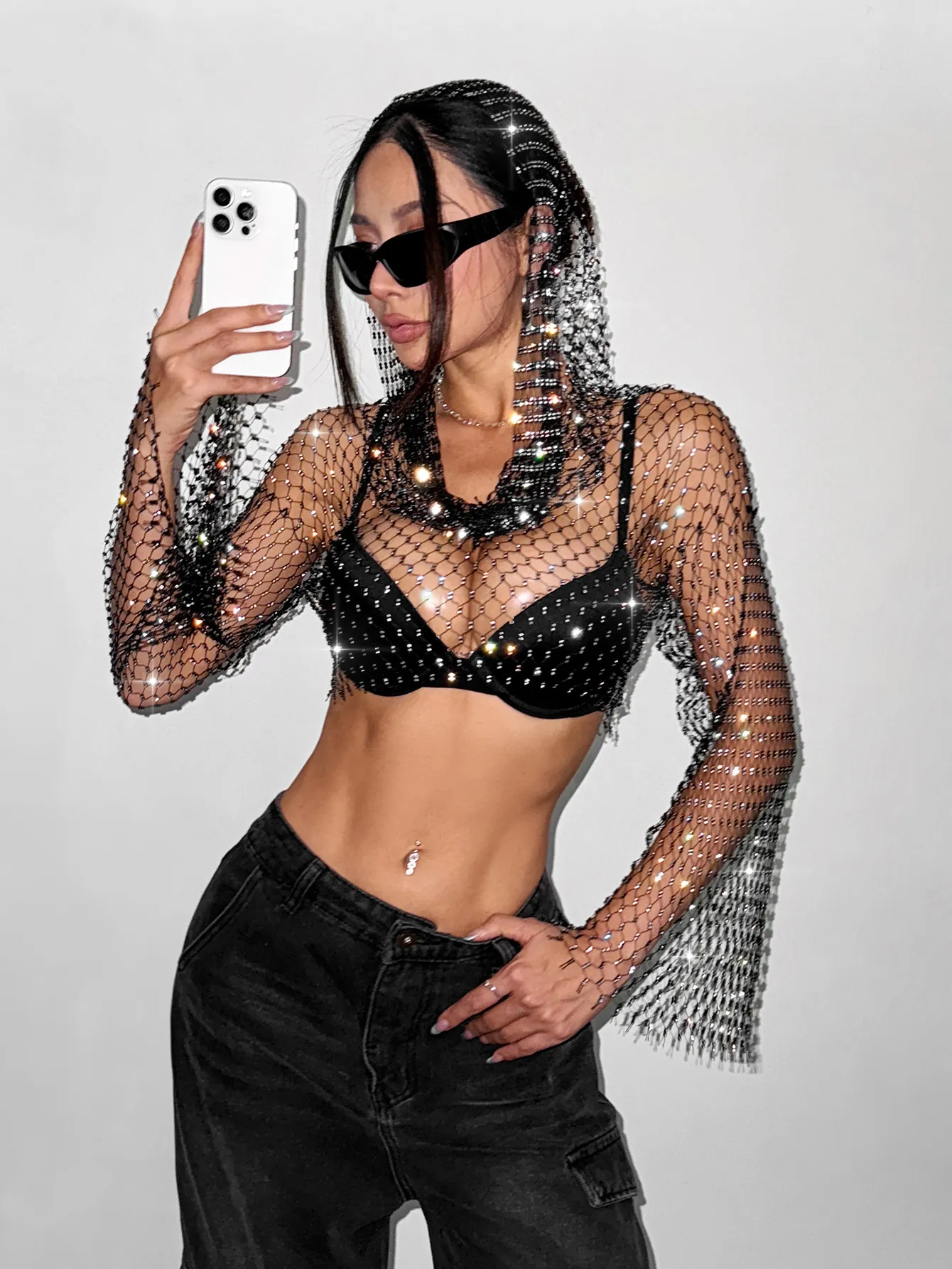 Haut à Capuche Sexy en Maille de Strass pour Femme Y2K Manches Longues Ajouré Transparent Crop T-Shirt Party Clubwear
