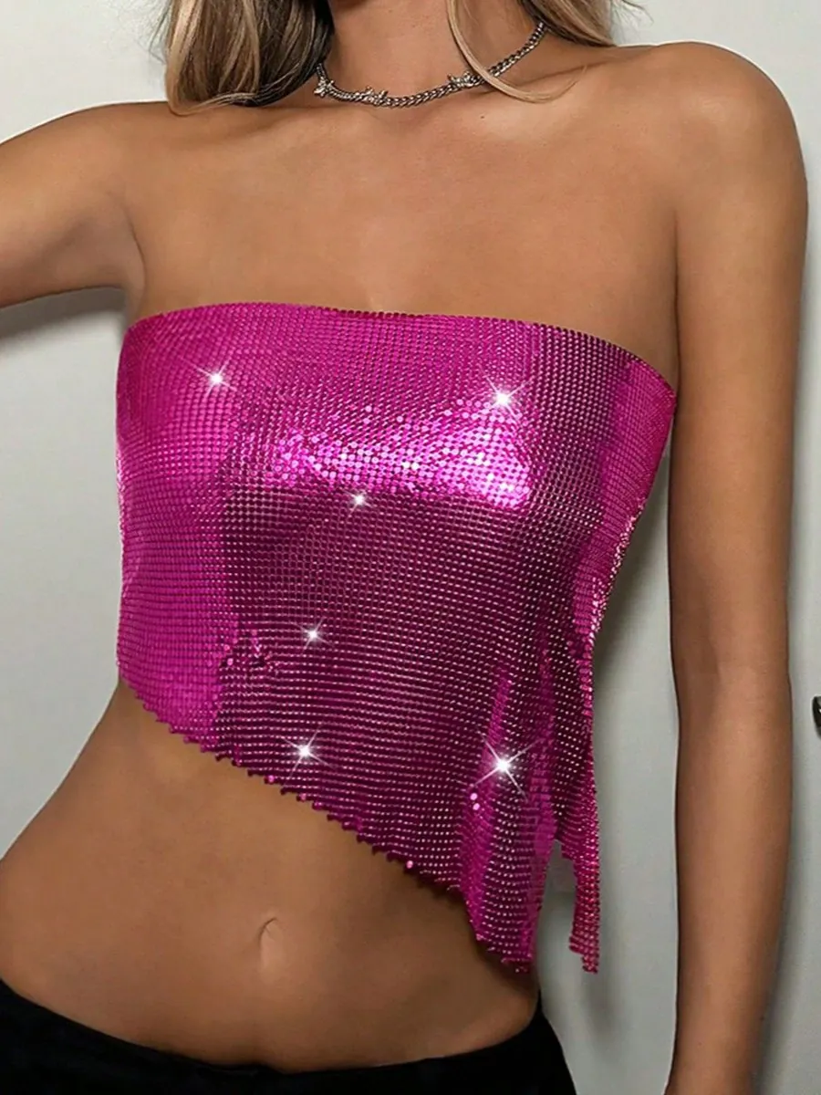 Damen Sexy Metallgewebe Pailletten Schlauchtop Asymmetrischer Saum Schnürung Rückenfrei Tank Top Für Musikfestival Party Clubwear
