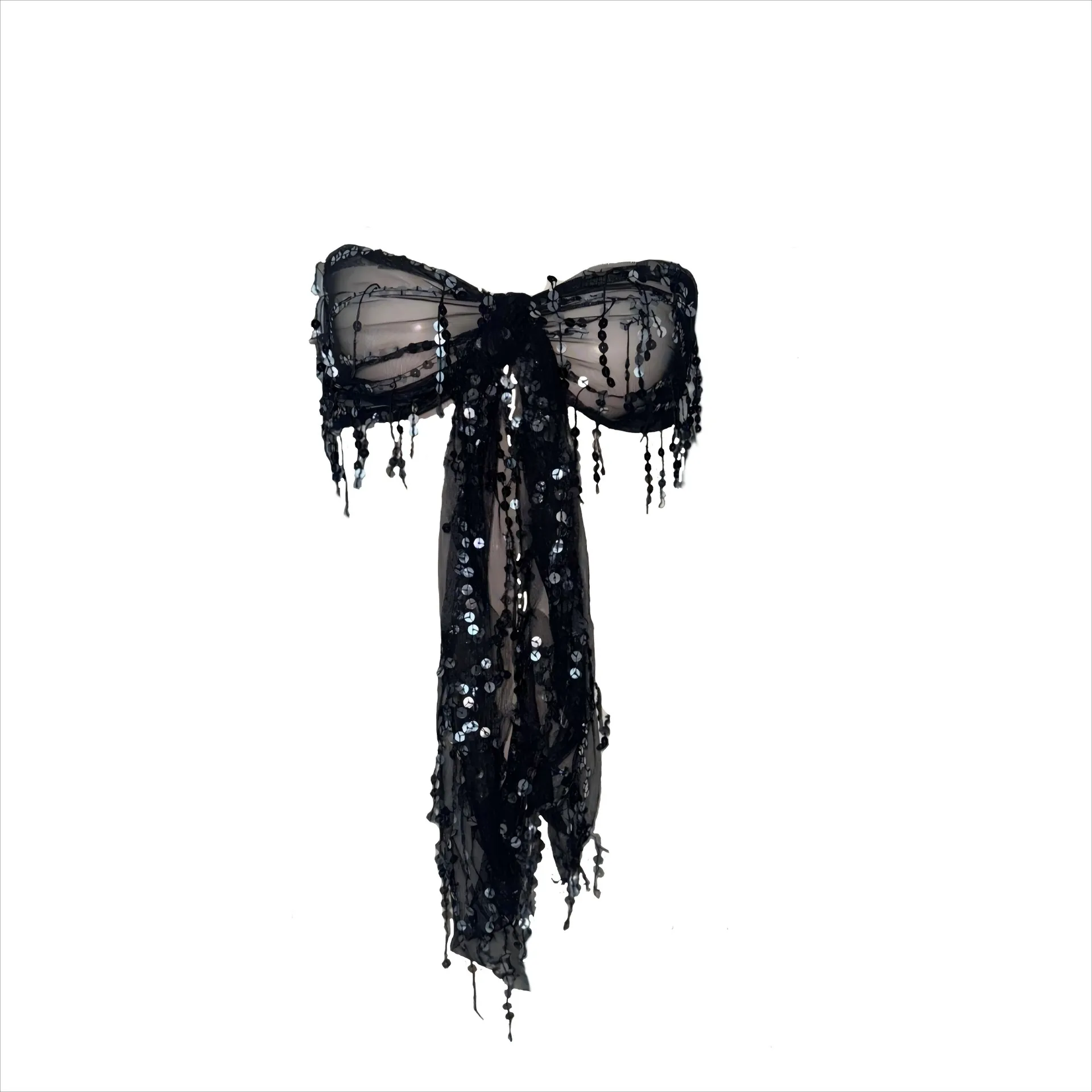 Sexy Black Sequin Mesh Bow Tube Top Women Glitter Tassel Fringe Strapless Crop Top Party Clubwear Festival Performance Top