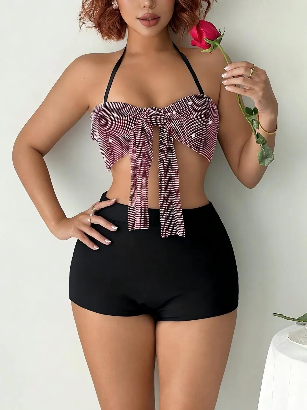 Women Halter Neck Rhinestone Bowknot Crop Top And Shorts Red Metallic Sexy Party Outfit For Valentine Day Music Festival